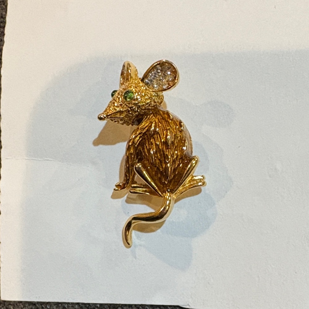 Trifari Gold Toned Mouse Brooch with Green and Rhinestone Accents